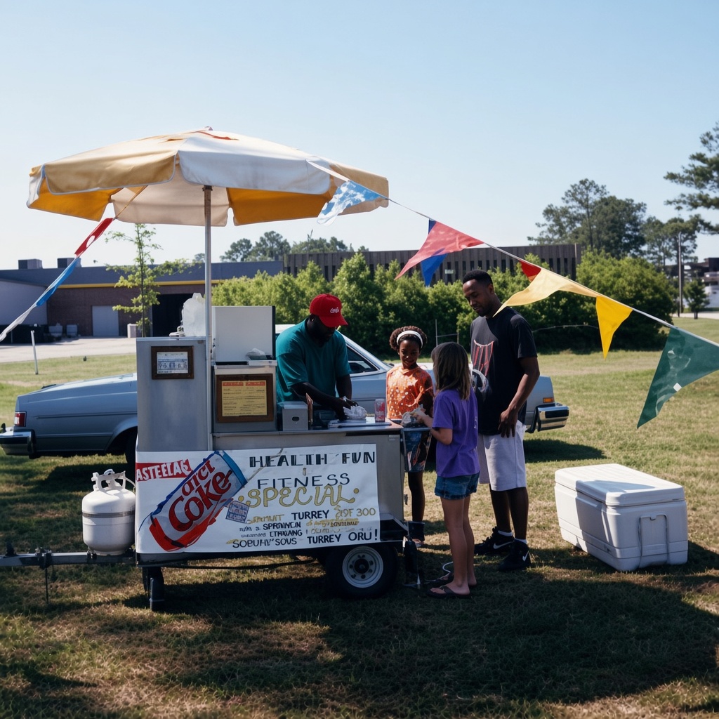 Poppa Lacy's food cart set up at a health and fitness community event